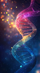 Fototapete - Colorful dna double helix is glowing and rotating on a blue background with bokeh