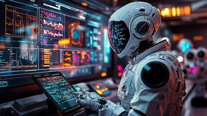 Poster - Astronauts monitor data in a futuristic control room aboard a space station at night