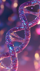 Poster - Mesmerizing dna strand forms amidst glowing particles on a purple background, showcasing the intricate world of science and biology in a stunning 3d render