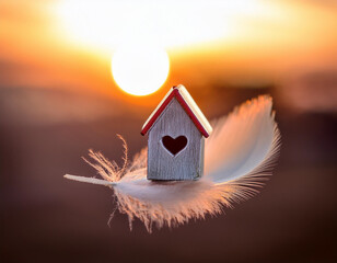 Miniature house on a soft feather with heart shape window. Sweet home concept. Family warmth, love and protection