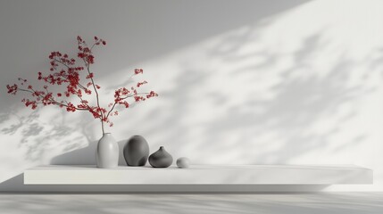 Poster - A minimalist display featuring a vase with red flowers and decorative items on a sleek white shelf under soft natural light