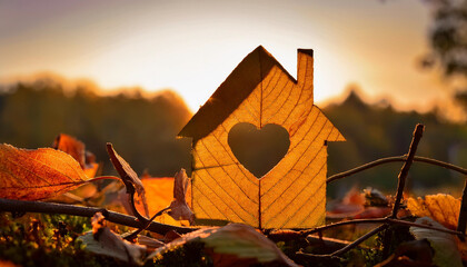 Wall Mural - Miniature leaf house with heart shape window. Sweet home concept. Family warmth, love and protection