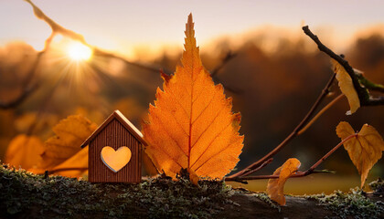 Wall Mural - Miniature house with heart shape window. Sweet home concept. Family warmth, love and protection
