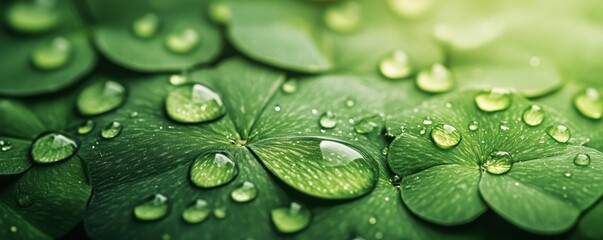 Wall Mural - A close-up of lush green leaves adorned with glistening water droplets, capturing the beauty of nature in detail.