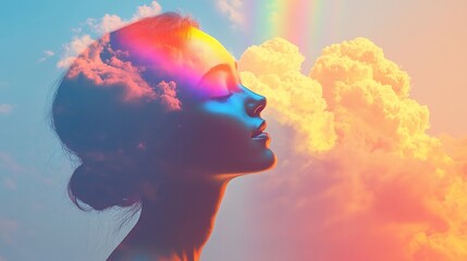 Canvas Print - A woman's profile with a rainbow emanating from her head, against a cloudy sky.