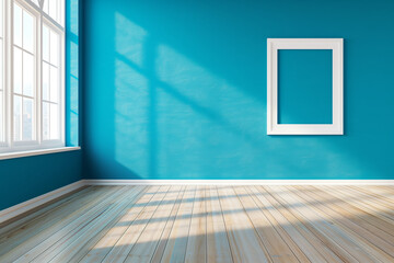 A bright blue wall with a white frame mockup in the center.