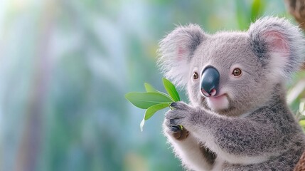 A gentle koala nibbles on fresh eucalyptus leaves in natural surroundings, capturing the essence of wildlife through vibrant colors and soft light