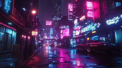 Fototapete - Vibrant cyberpunk city with neon-lit streets under dark sky image