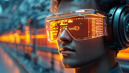 Poster - Futuristic young man wearing high-tech glasses and headphones in a vibrant digital environment