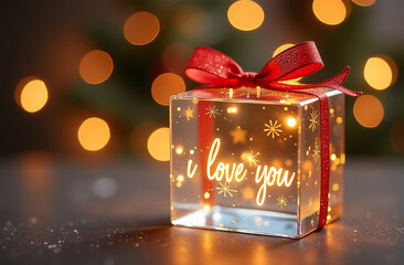 Beautiful gift box with text Love you on bokeh background