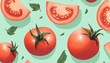 © Wimon - A lively pattern of whole tomatoes and tomato slices on a cool sage green background with hand-drawn details.
