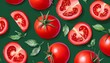 © Wimon - A lively pattern of whole tomatoes and tomato slices on a cool sage green background with hand-drawn details.