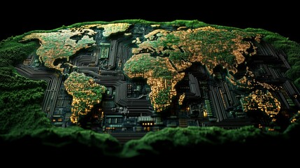 Poster - world map made of circuit board glowing in dark environment, technology and globalization concept