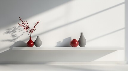 Poster - contemporary minimalist interior featuring red and gray vases with decorative branches on a sleek sh