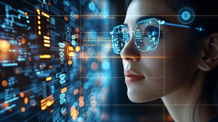 Poster - a woman wearing glasses engages with futuristic digital data on a display
