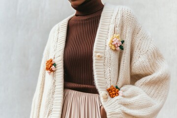 woman wearing an oversized cream colored knit cardigan with flower accents, layered over a chocolate brown turtleneck and paired with a pleated beige skirt