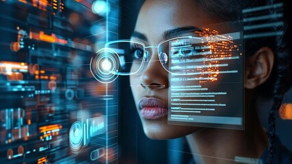 Poster - A woman uses AR glasses to analyze data amid digital info in a tech setting