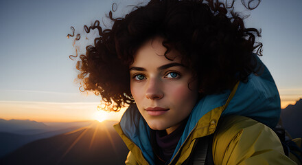 Poster - Woman with curly hair is wearing a yellow jacket