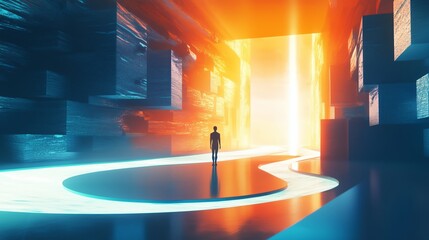 Poster - a figure walks towards a glowing doorway in a vibrant futuristic landscape filled with bold colors a