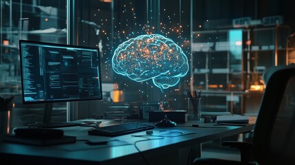 Poster - A futuristic workspace showcasing a digital brain over a computer desk in a modern office at dusk, symbolizing artificial intelligence and innovation