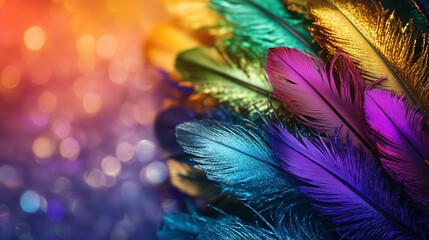Poster - colorful feathers shimmer in vibrant hues against a bokeh background, creating a lively and festive 