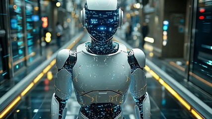 Poster - Futuristic humanoid robot walking through a high-tech corridor illuminated by digital displays