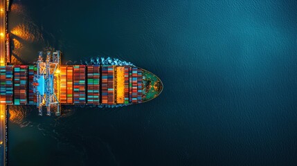 Aerial View of a Large Cargo Ship with Colorful Containers and Bright Lighting in Open Sea at Night