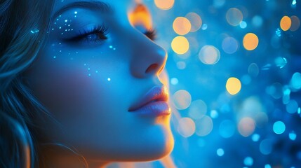 Canvas Print - Close-up portrait of a woman with glowing makeup and bokeh lights in the background.