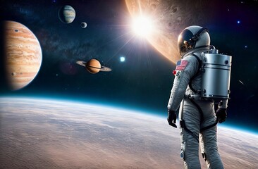 Wall Mural - an astronaut in outer space looks at the planets. view from the back of an astronaut in a spacesuit.