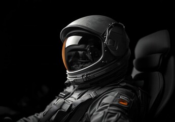 Wall Mural - Astronaut in a black spacesuit with a reflective visor against a dark background