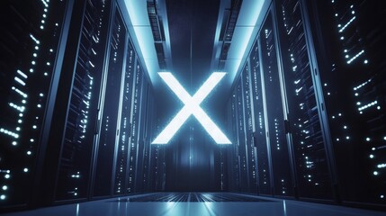 Poster - futuristic server room with glowing x symbol, technology and innovation concept