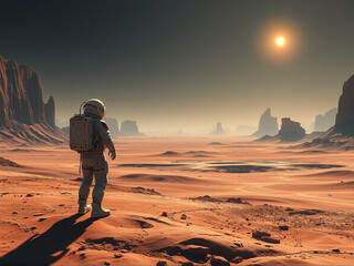 astronaut exploring the martian landscape at sunset with rocky formations and a distant sun casting 