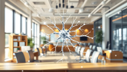 Wall Mural - double exposure of neuron drawing and office interior background. concept of education isolated with