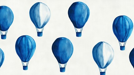 Wall Mural -   A group of blue-and-white hot air balloons against a white backdrop, adorned with blue-and-white stripes on their bases