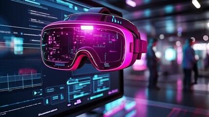 Poster - exploring futuristic tech with vr headset and digital interface in a modern workspace