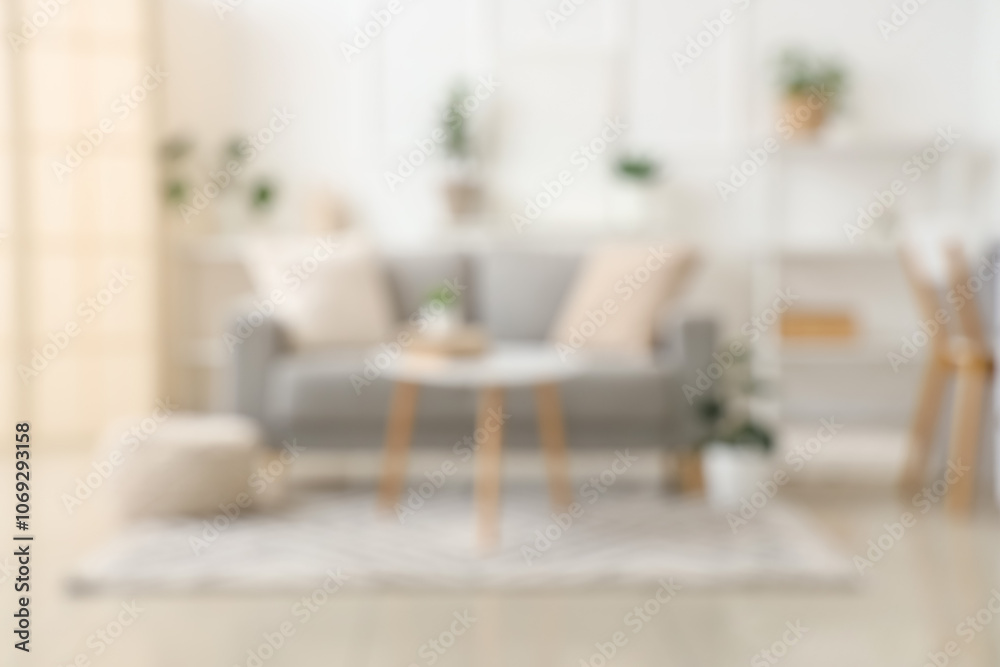 Blurred view of light living room with grey sofa, table and plants