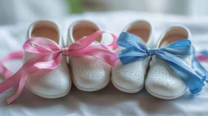 Adorable baby shoes with pink and blue ribbons displayed on a soft fabric background