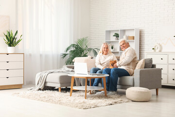 Wall Mural - Happy senior couple with cute Pomeranian dog sitting on sofa at home