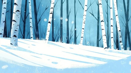 Wall Mural -  A serene snowy forest depicted in a painting, with snowflakes cascading from the sky onto the ground, adorning trees as well