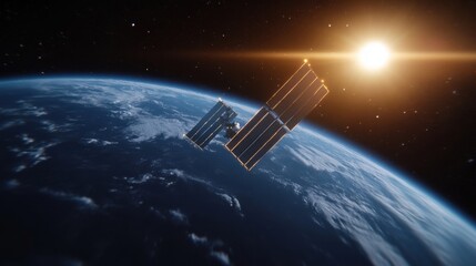 Wall Mural - Satellite orbiting the earth with sun in the background