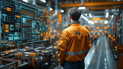 Poster - A worker observes digital data displays in a modern manufacturing facility during the day