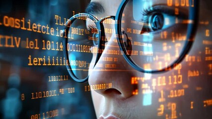Poster - A close-up of a woman with glasses engaged in digital analysis in a high-tech environment