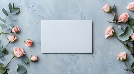 Wall Mural - Empty white card surrounded by pink roses and eucalyptus branches on a gray background. Flat lay composition with copy space. Floral and romantic concept for greeting card and invitation design.