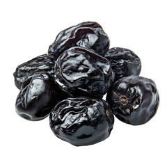 Wall Mural - Dried black plums stacked on a white background