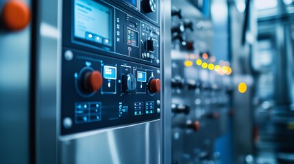 Poster - industrial control panel with various buttons and screens in a modern manufacturing facility