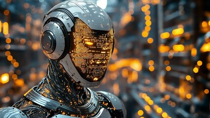 Poster - futuristic humanoid robot stands in a high-tech environment illuminated by vibrant lights