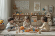 © Dzmitry - Four children engage in Montessori playtime in a cozy learning space