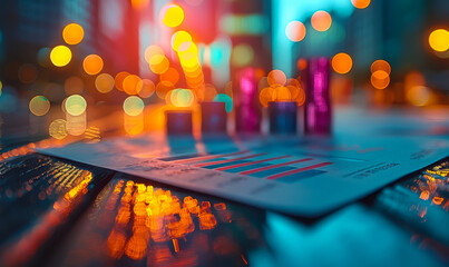 Poster - Vibrant Night Business Economic Charts with Bokeh Light Effects in Pastel Colors, Financial Data Visualization