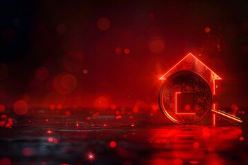 Poster - Illuminated House Icon with Magnifying Glass in a Red Abstract Background