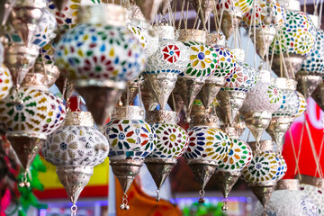 Wall Mural - Arambol, Goa, India. Street shop with many traditional colorful handmade indian lamps and lanterns for sale. Popular souvenirs to buy in India.